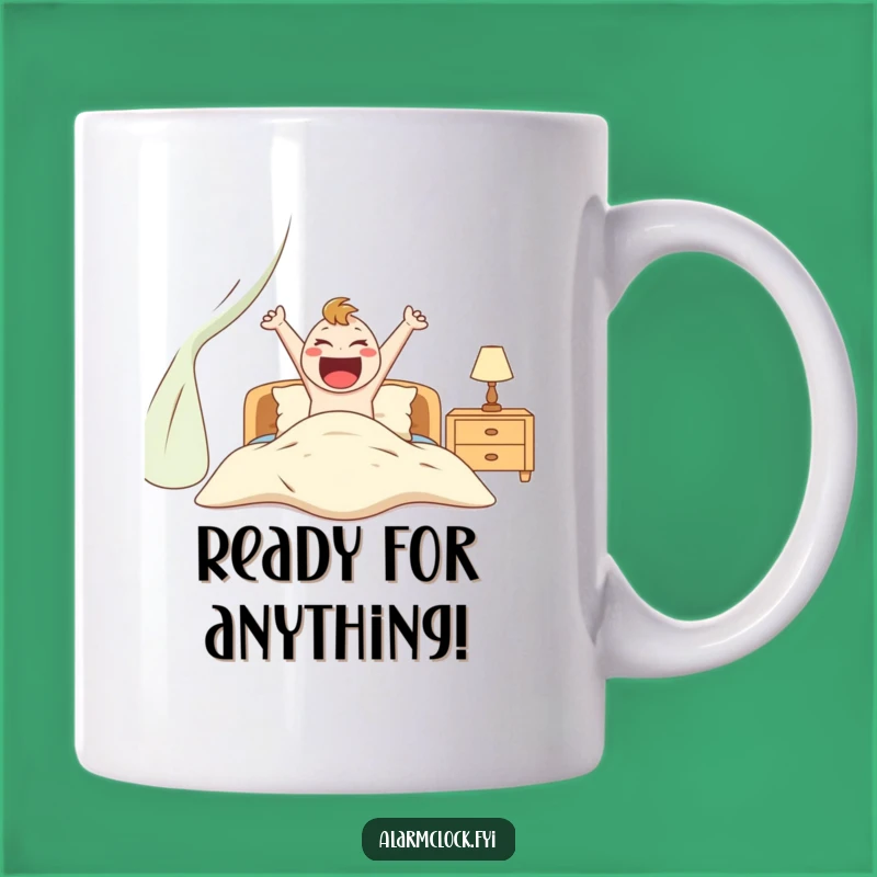 Funny Excited Character Jumping Out of Bed Mug, Perfect Humorous Gift for Early Birds