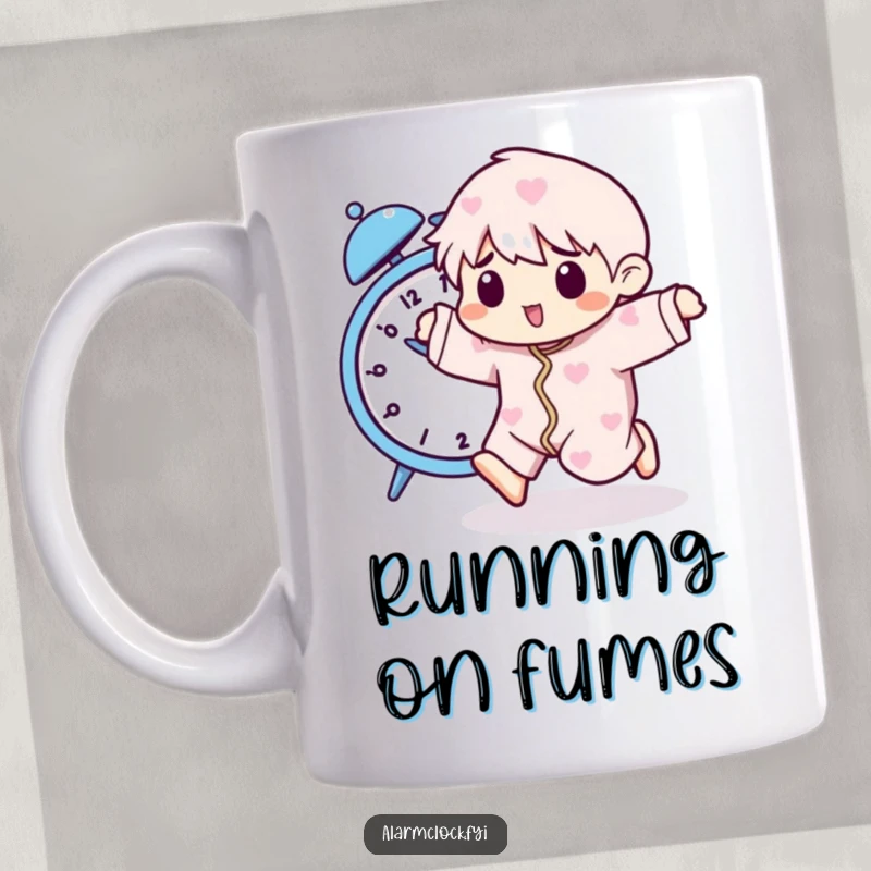 Funny mug with a pajama-clad character playfully running away from a buzzing alarm clock, depicting a comical morning chase.