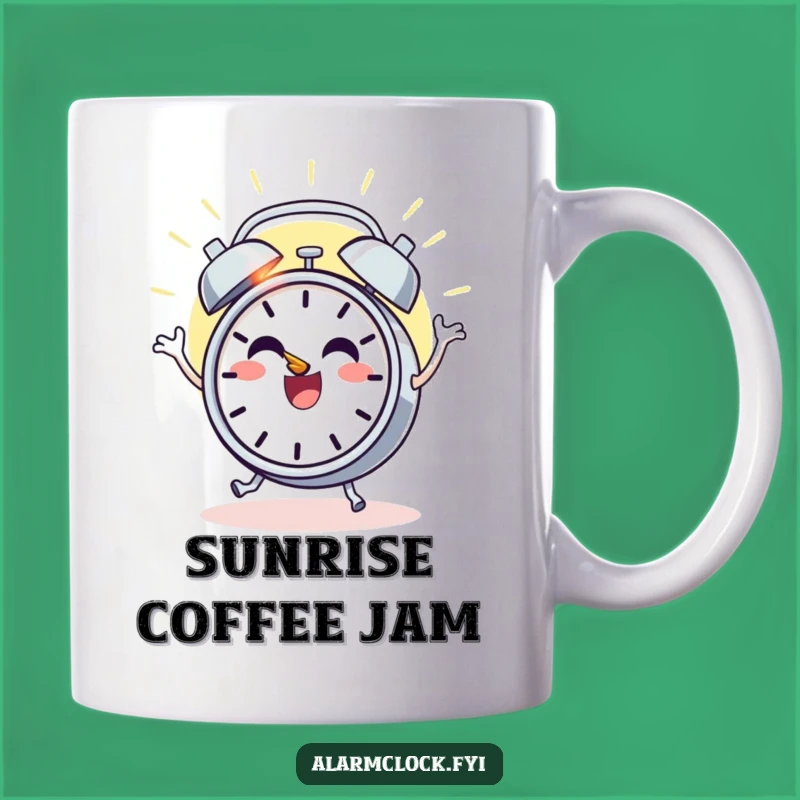 Funny Sunrise Alarm Clock Mug Gift, Dancing Character, Joyful Morning Celebration