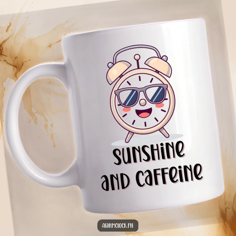 Funny Mug: A cheerful alarm clock character wearing sunglasses, happily basking in the warm morning sun.