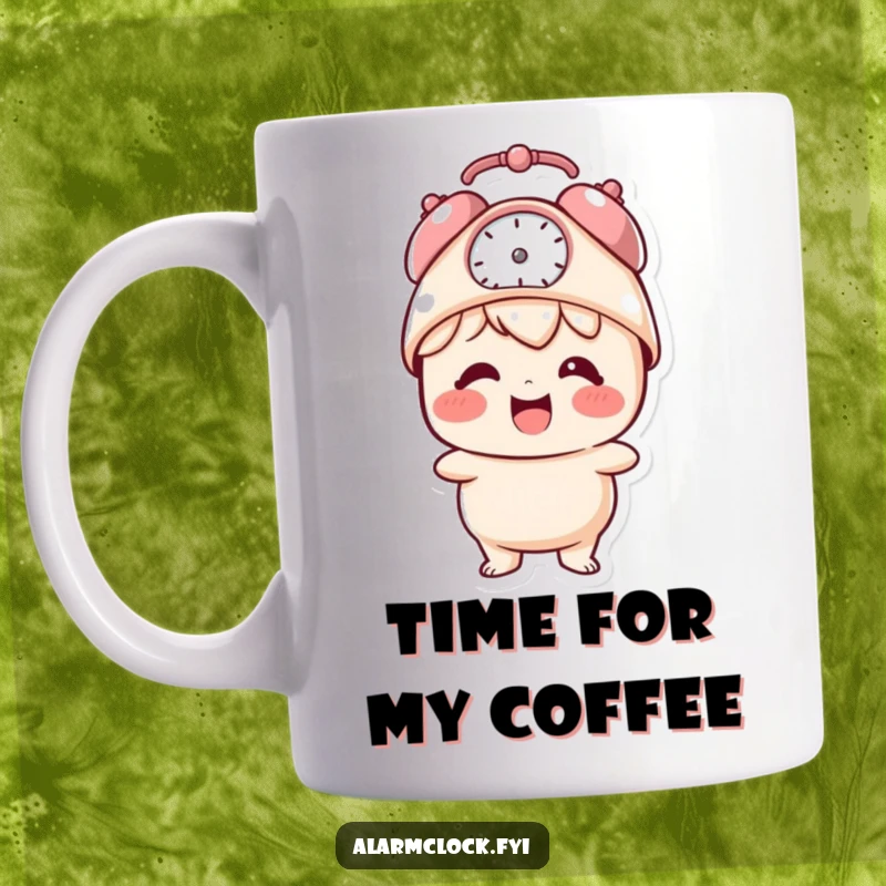 Funny mug with a giggling character joyfully wearing a tiny alarm clock as a hat, symbolizing cheerful mornings.
