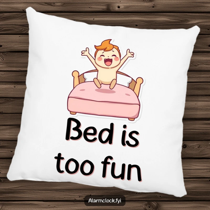 Funny pillow showing a character leaping energetically from a bed, designed to bring comfort and a reminder of morning vitality.