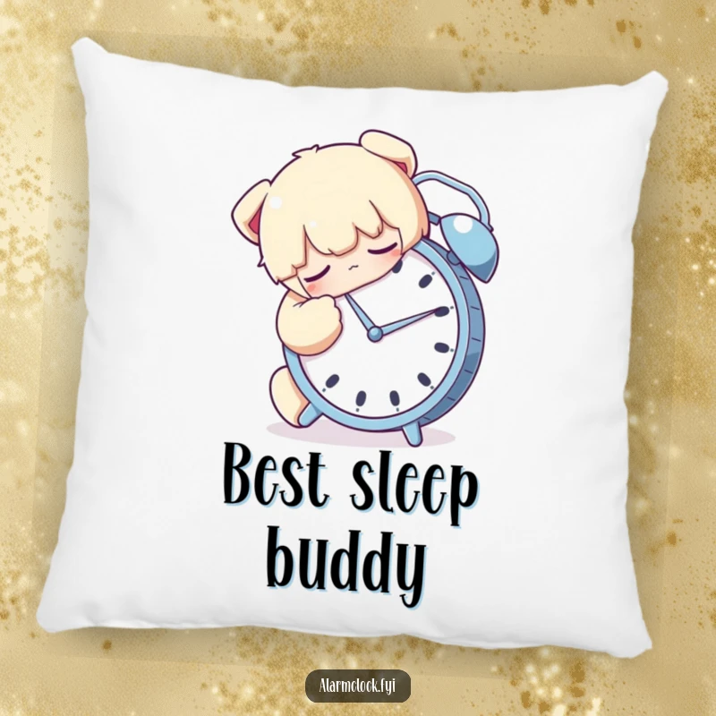 Funny pillow with a character asleep and hugging an alarm clock tightly, symbolizing ultimate comfort and love for sleep.