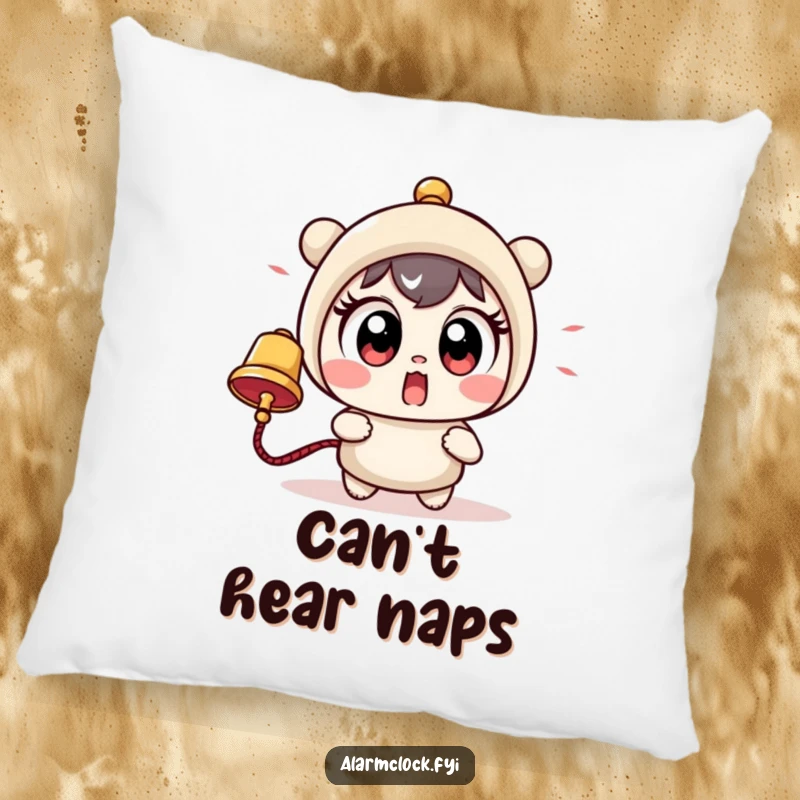 Funny pillow depicting a cute character with comically large eyes startled by a loud bell, offering comfort and humor.