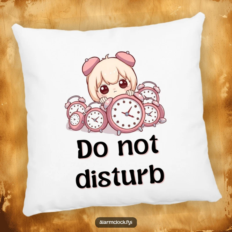 Funny pillow illustration of a character peeking out from behind a large stack of tiny, old-fashioned alarm clocks, looking quite amused.