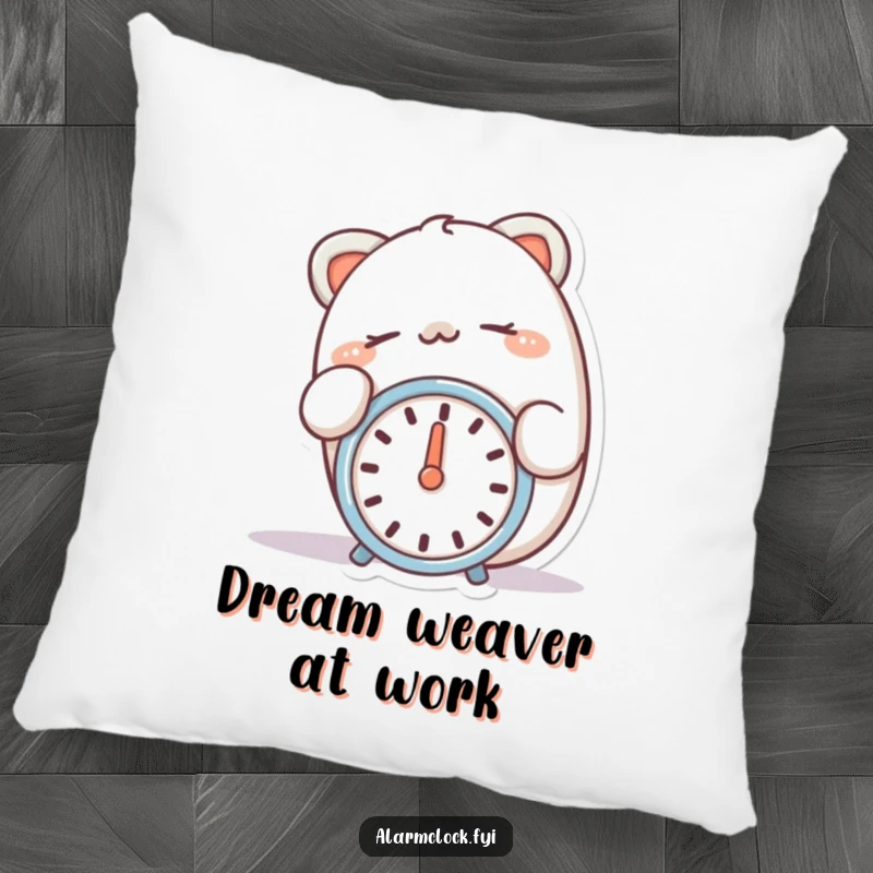 Funny pillow featuring a happy character snoozing with a finger on a silent alarm clock.