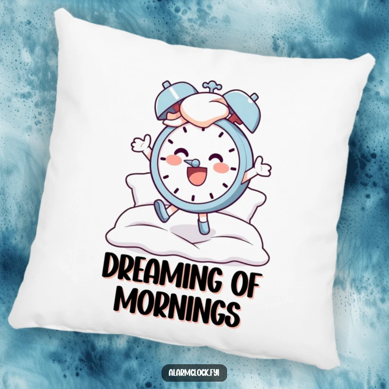 Funny decorative pillow with a cheerful character energetically jumping out of bed as an alarm clock rings, perfect for cozy, humorous spaces.