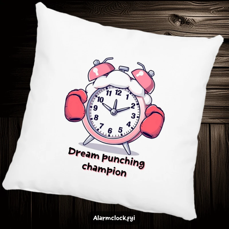 Funny pillow showing a boxing alarm clock punching a cloud, offering humorous decor and comfort.