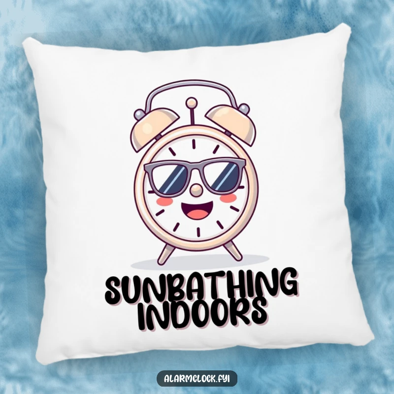 Funny Pillow: A cheerful alarm clock wearing sunglasses, basking in the sun, designed for comfort.
