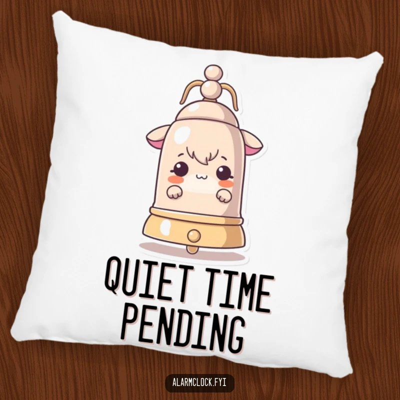 Funny pillow with a curious character peeking from behind a large ringing bell, offering comfort and intrigue.