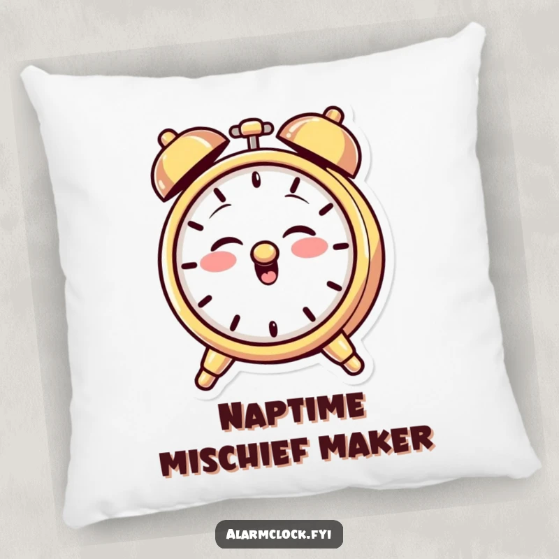 Funny pillow featuring a giggling alarm clock character with a mischievous grin, playfully ringing its bell for cozy, humorous moments.