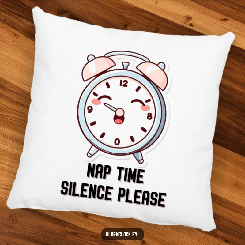 Funny pillow with a giggling alarm clock character dramatically covering its ears, bringing comfort and humorous drama.