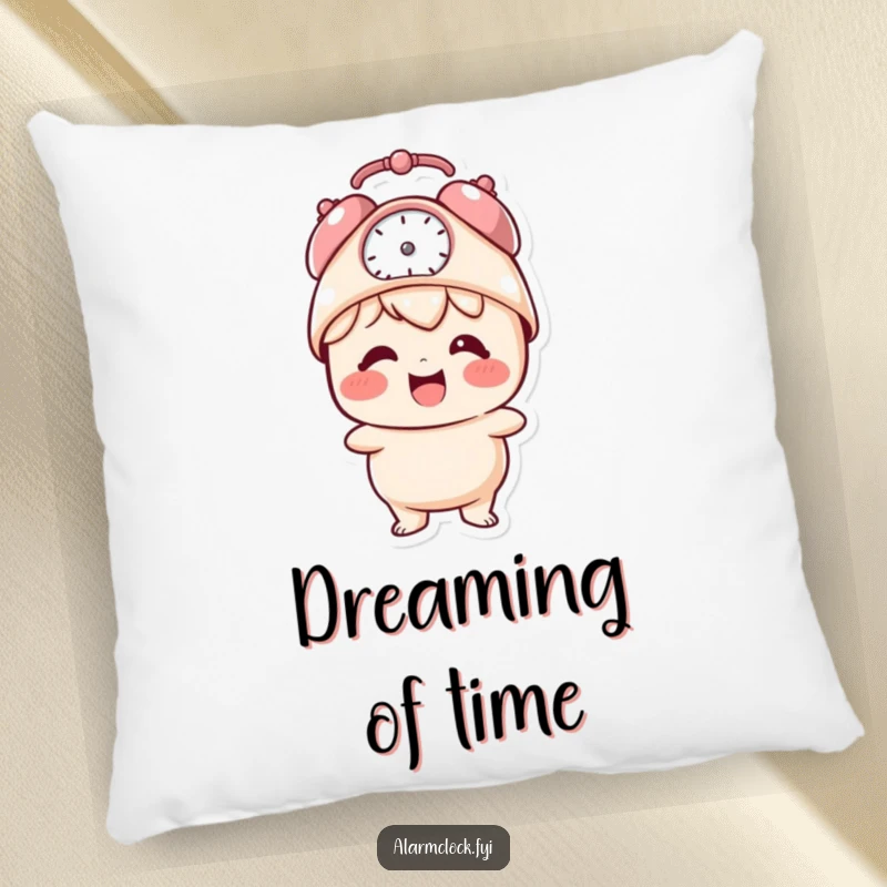 Funny pillow with a giggling character wearing an alarm clock hat, providing comfort and a touch of humor.