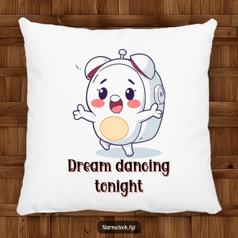 Funny pillow featuring a happy character dancing energetically to an alarm clock, offering soft comfort and musical humor.