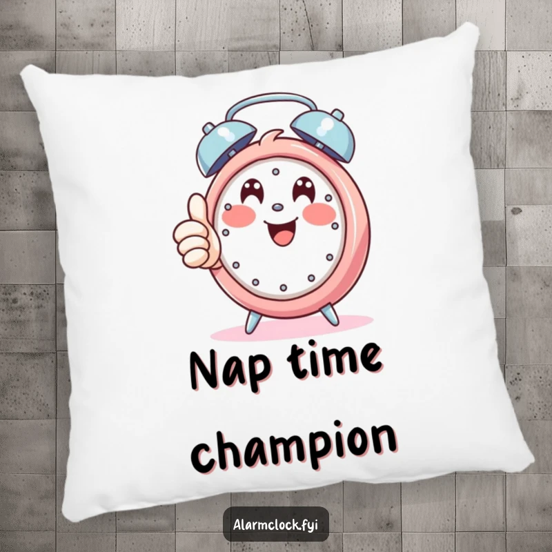 Funny pillow with a happy character giving a thumbs up while an alarm rings, offering a comforting and positive presence.