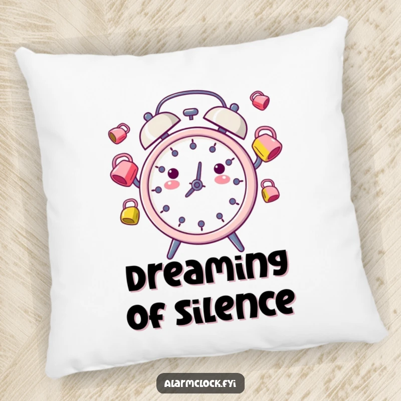 Funny Pillow: A cute alarm clock character joyfully juggling bright alarm bells, adding a touch of fun.
