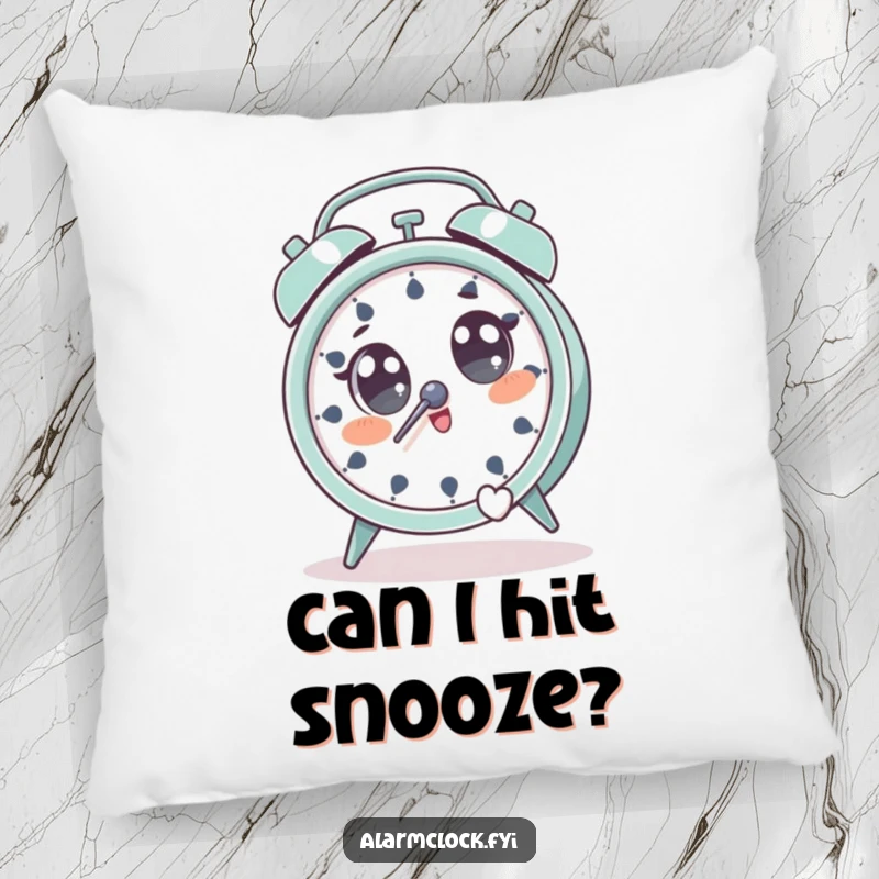 Funny pillow featuring a startled character with wide eyes, jumping away from a loud alarm clock.