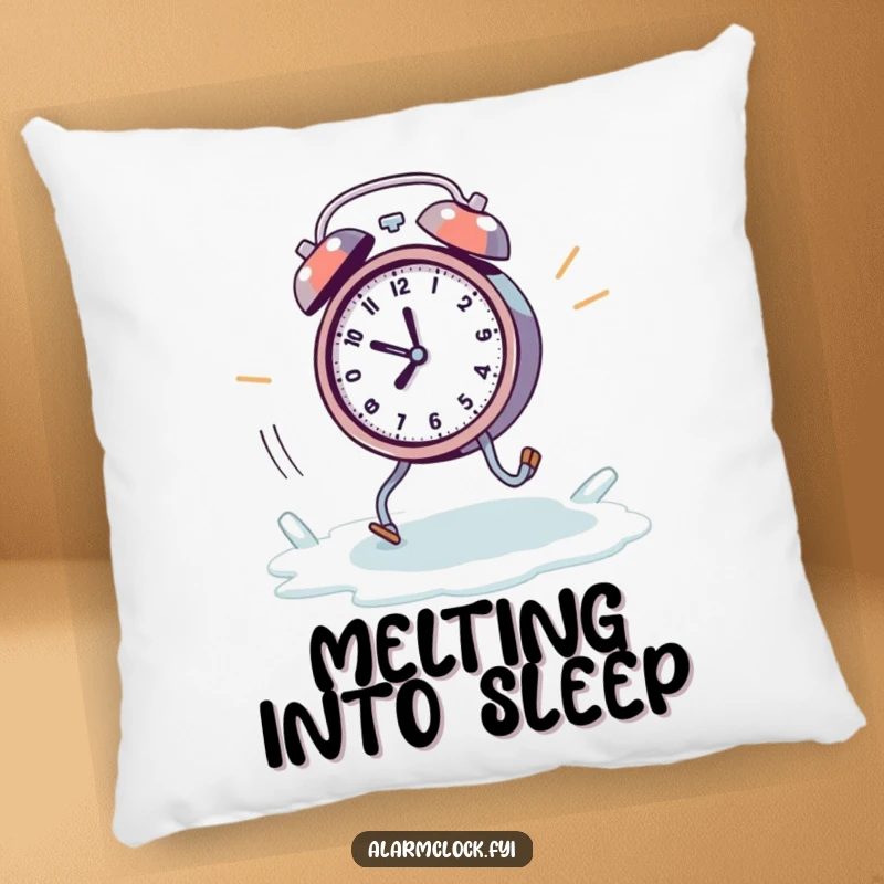 Funny melting alarm clock pillow, showing a clock with tiny legs running away from a rapidly melting ice cube.