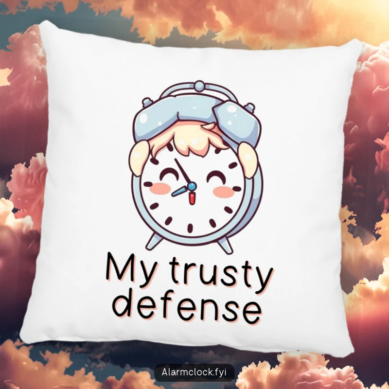 Funny pillow featuring a surprised character holding a pillow over their head as an alarm clock chimes.