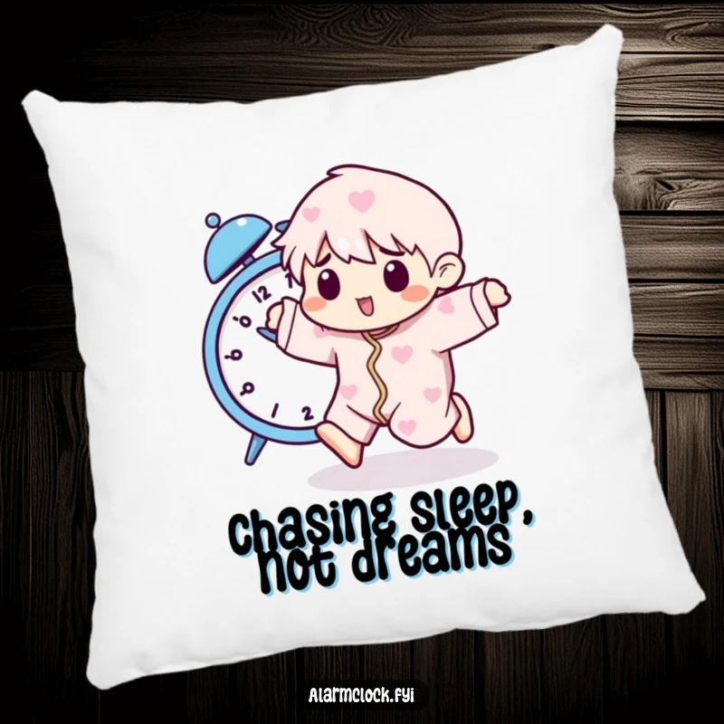 Funny pillow with a pajama-clad character playfully running from a buzzing alarm clock, offering a humorous and cozy accent.