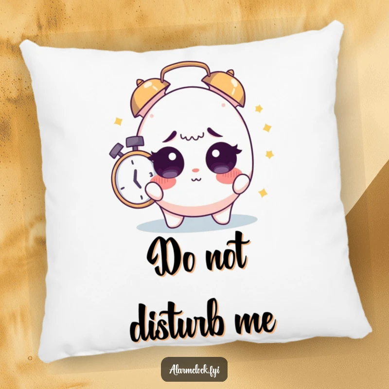 Funny Sleepy Startle Pillow: Cute character with wide, sleepy eyes startled by an alarm, a funny accent.