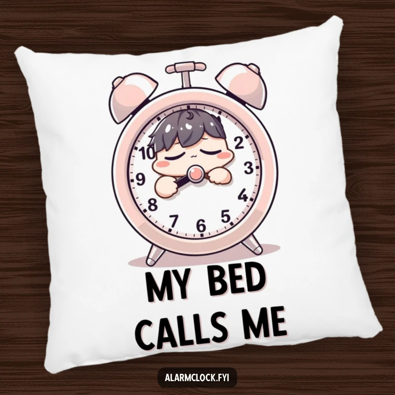 Funny pillow with a sleepy character groggily hitting a giant alarm clock's snooze button, offering a humorous and cozy accent.