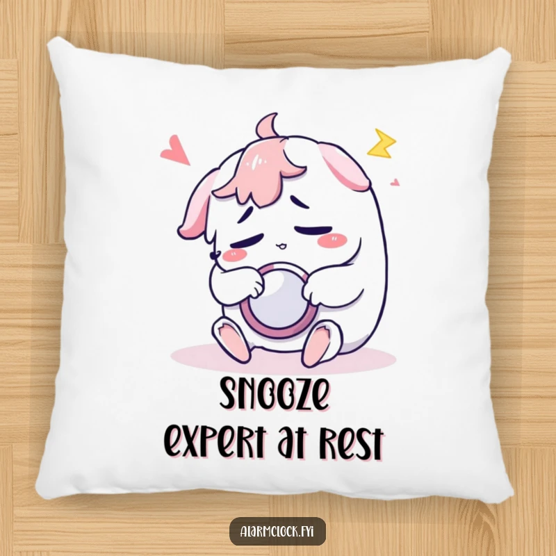 Funny pillow featuring a sleepy character's obsession with hitting the snooze button, ideal for cozy relaxation.