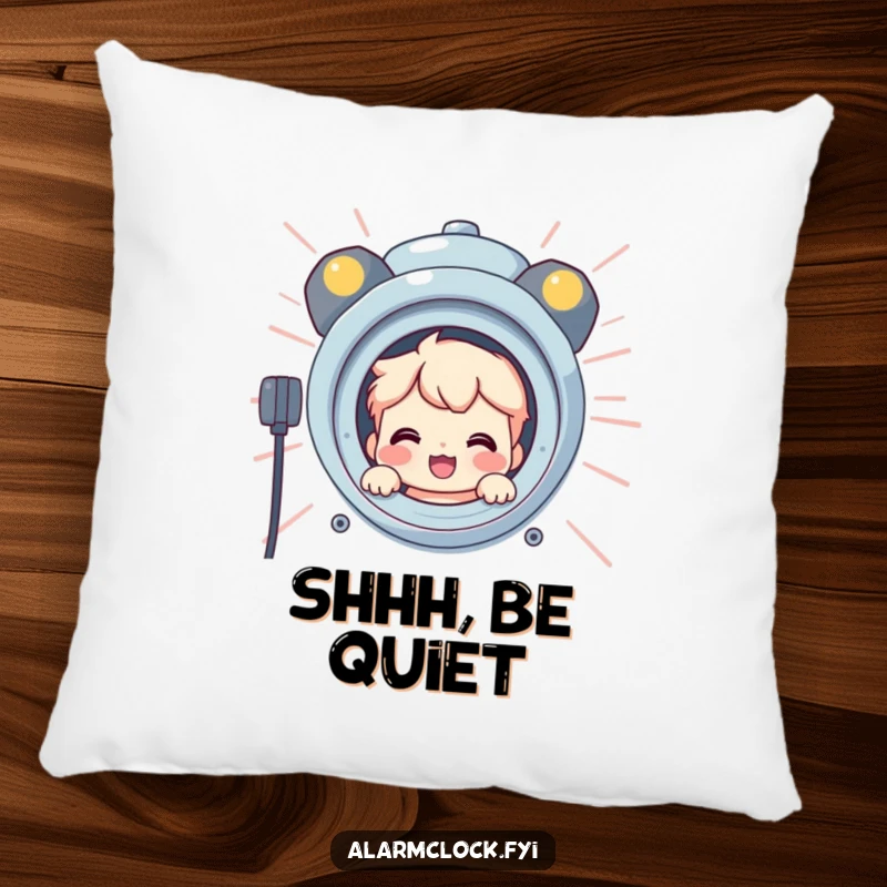 Funny pillow with a smiling character peeking from behind a giant, blaring alarm clock, offering a soft and humorous comforting presence.