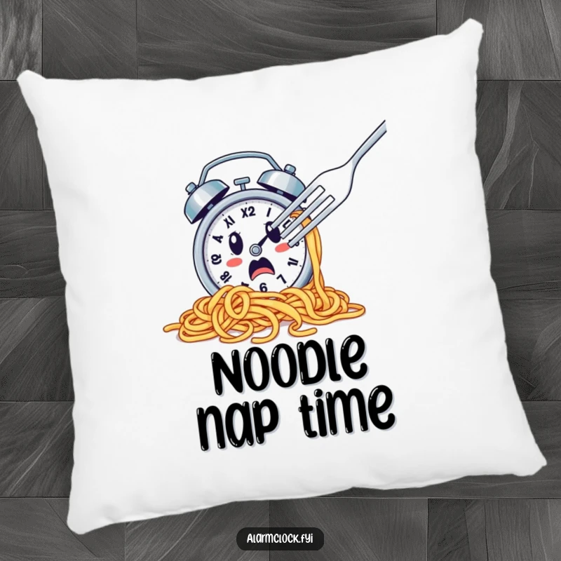 Funny pillow featuring a spaghetti-covered alarm clock escaping a fork, offering humorous comfort and decor.