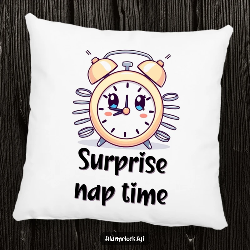 Funny pillow showcasing an alarm clock with erupting springs, wide-eyed in comical surprise, adding a humorous touch to any room.