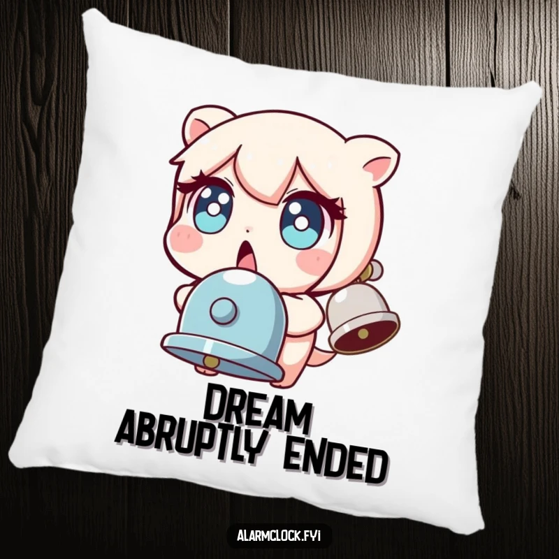 Funny pillow with a character showing extreme surprise and wide eyes, jolted by a bell, offering comfort and humor.