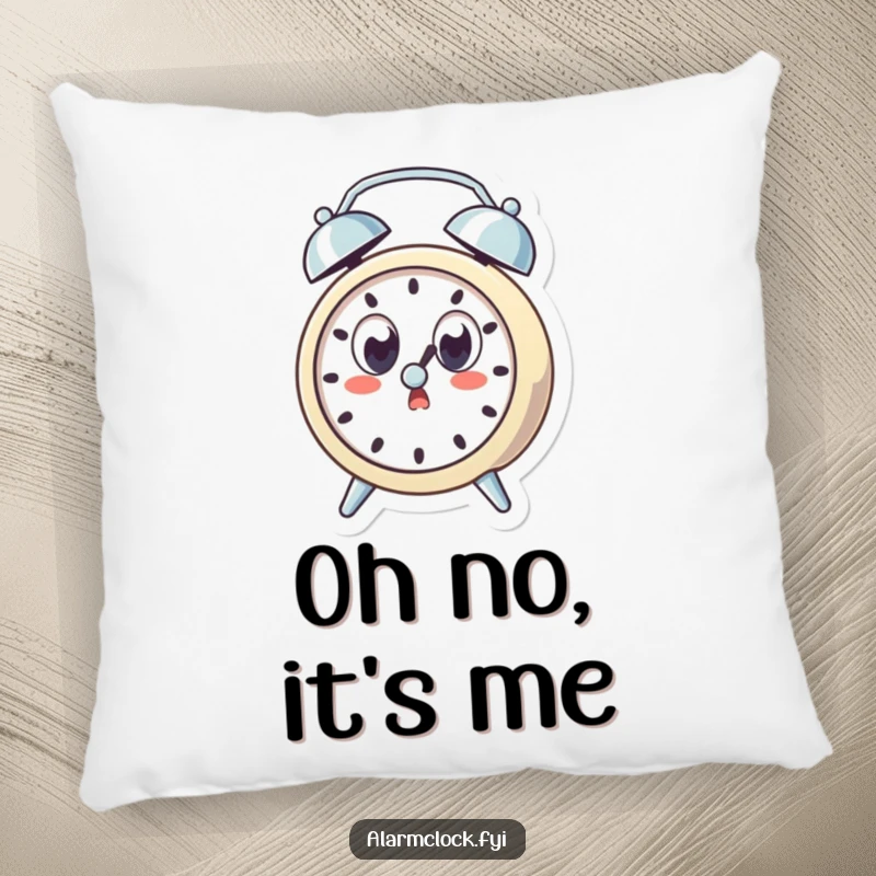 Funny pillow with a surprised alarm clock character with wide eyes, startled by its own ring, bringing comfort and humorous shock.