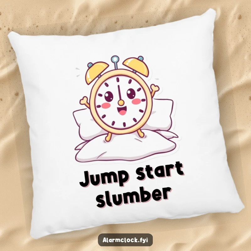 Funny alarm clock pillow with a cheerful character jumping out of bed, offering cozy morning comfort.