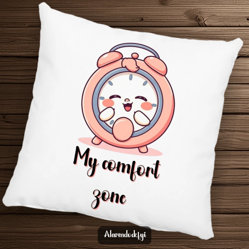 Funny pillow featuring a character joyfully giggling while pressing a snooze button, offering soft comfort and humor.