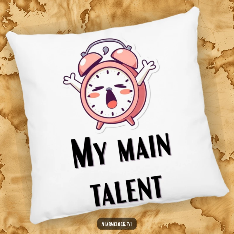 Funny Pillow: A yawning alarm clock character stretching its arms, designed for maximum comfort and sleep.