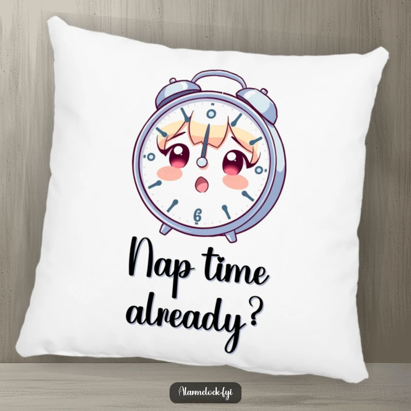 Funny pillow with a surprised character staring at a rapidly spinning clock, designed to bring humor and comfort during stressful times.