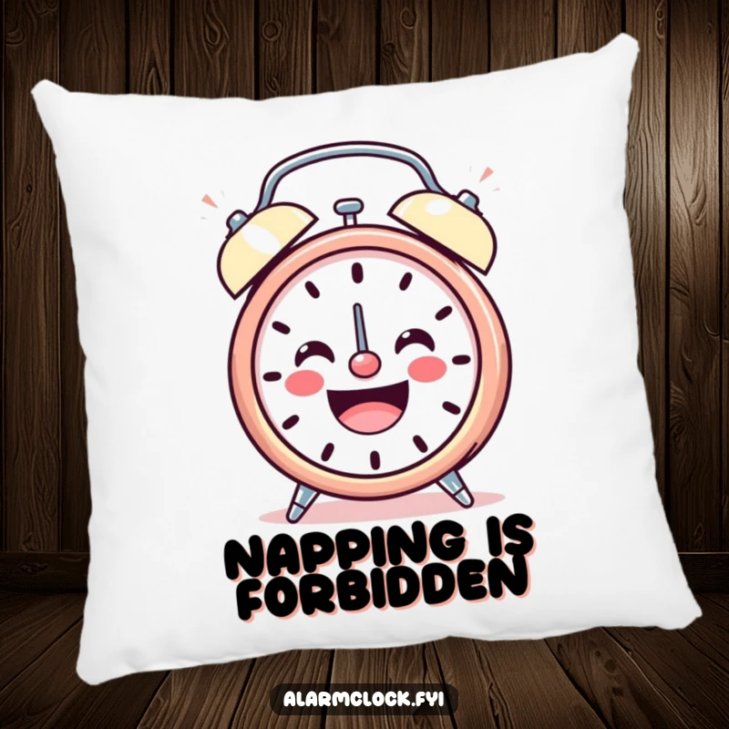 Funny pillow with a smiling alarm clock character ringing loudly with cheerful energy, bringing comfort and humor to any space.