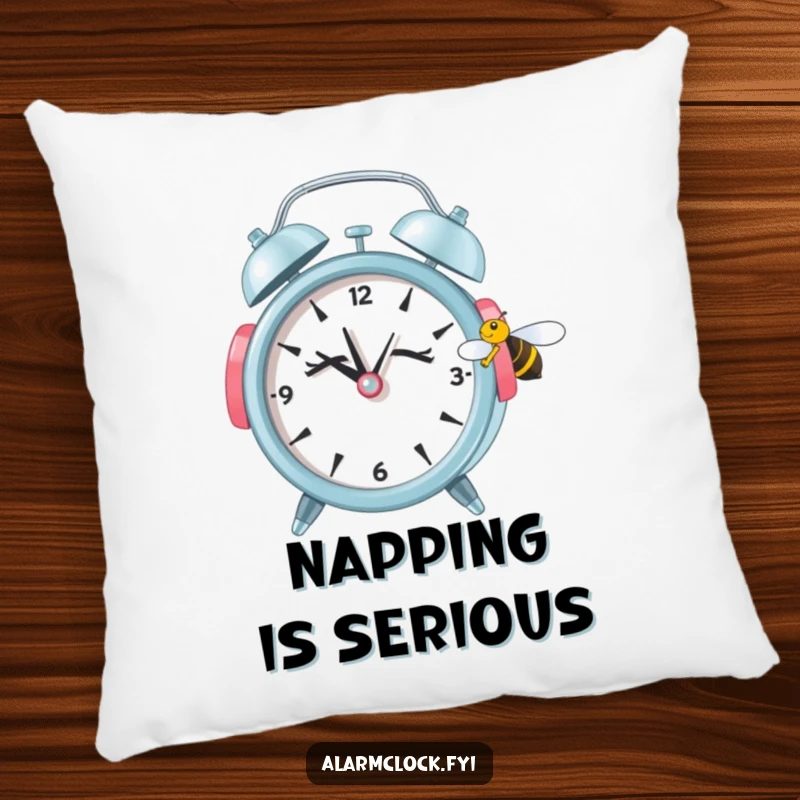 Funny pillow depicting a sleepy alarm clock in earmuffs ignoring a bee, offering comfort and a humorous touch to any space.