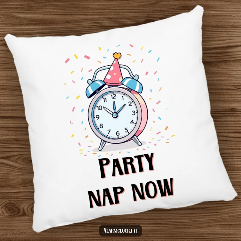 Funny pillow with a party-hat-wearing alarm clock spinning with confetti, offering humorous comfort and decor.