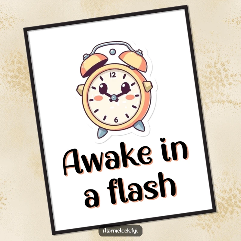 Funny digital art print of a cute alarm clock character leaping out of a bell, wide-eyed and startled, ideal for humorous wall art.