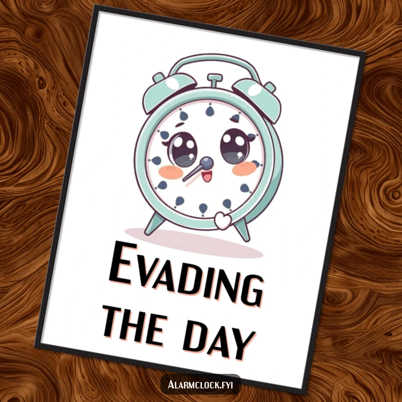 Funny digital art print of a character with wide eyes, jumping away from a ringing alarm clock.