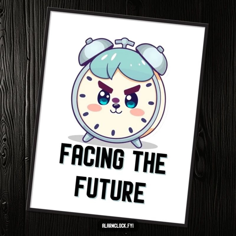 Funny digital art print of a character with a determined look and a confident smile, facing an alarm clock, symbolizing morning resolve.