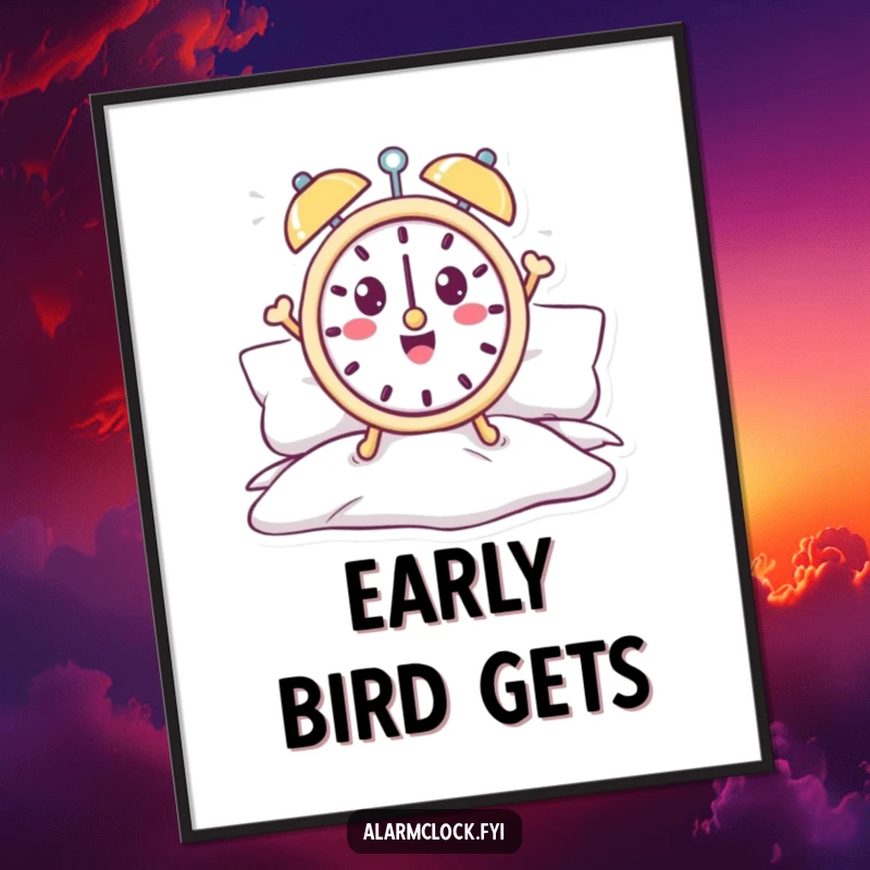 Funny alarm clock digital art print of a cheerful character jumping energetically out of bed.