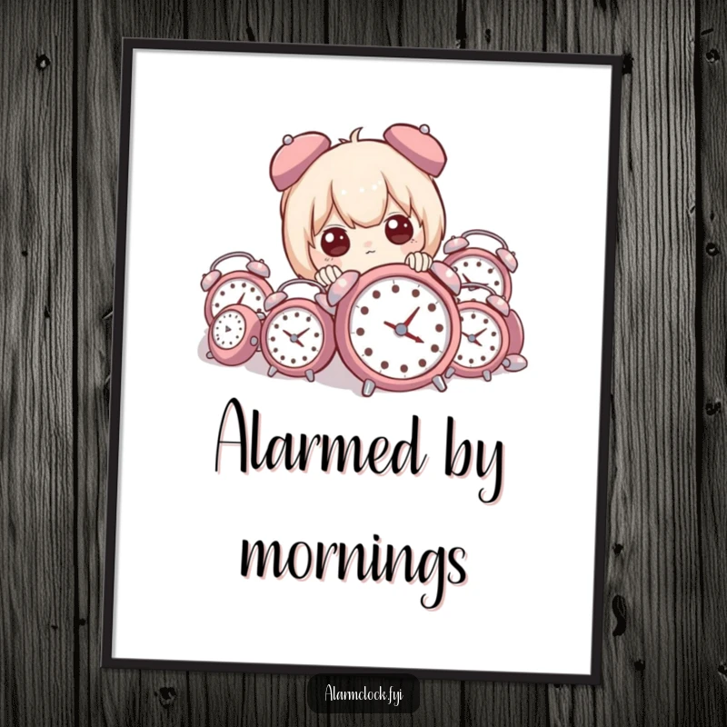 Funny digital art print of a character peeking from behind a large, comical pile of small alarm clocks, evoking a sense of humorous morning chaos.