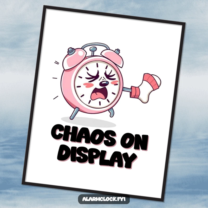 Funny digital art print of a panicked, sweating alarm clock running from a rogue sock, ideal for instant, humorous home decor.