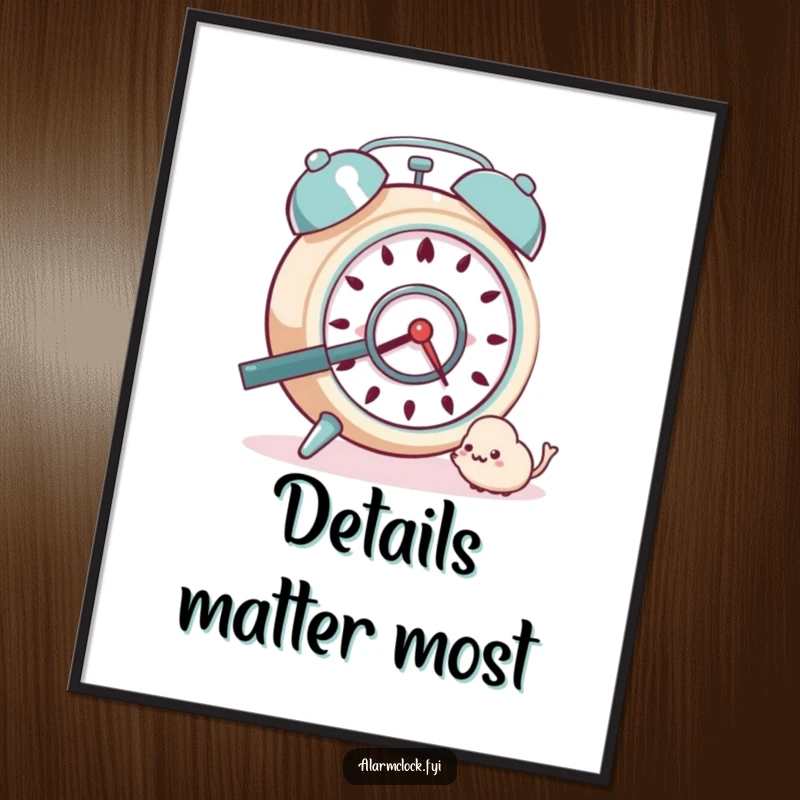 Funny Digital Art: An inquisitive alarm clock using a magnifying glass to examine a tiny dust bunny.