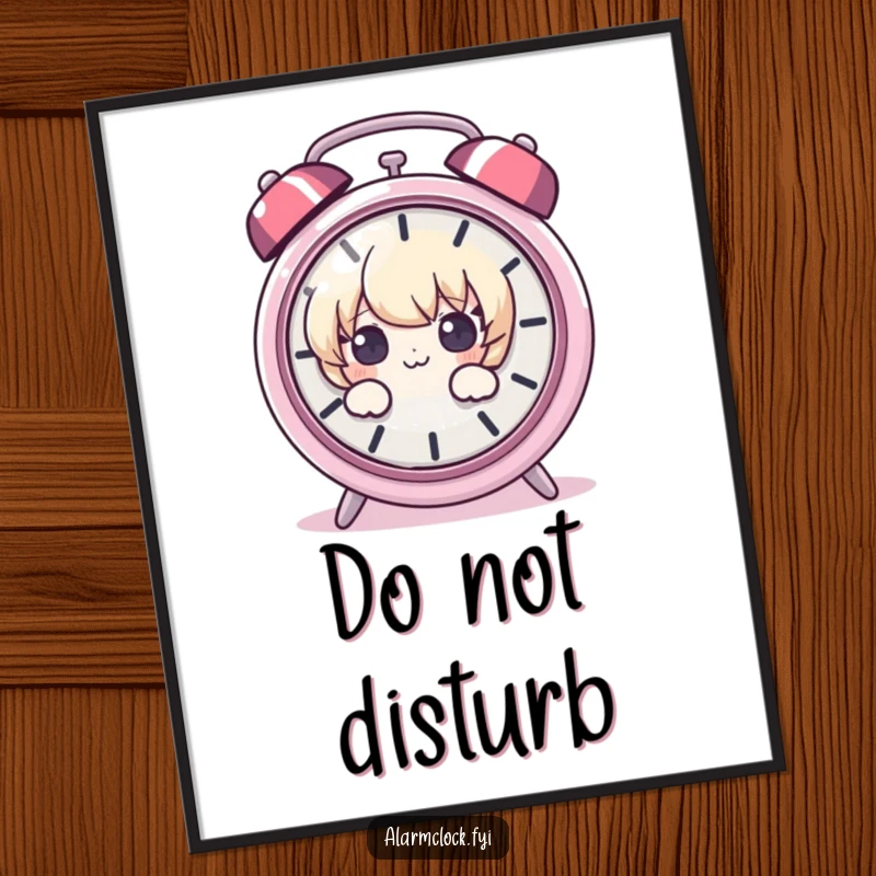 Funny digital art of a wide-eyed character peeking around a loud, ringing alarm clock, offering a humorous and relatable visual.