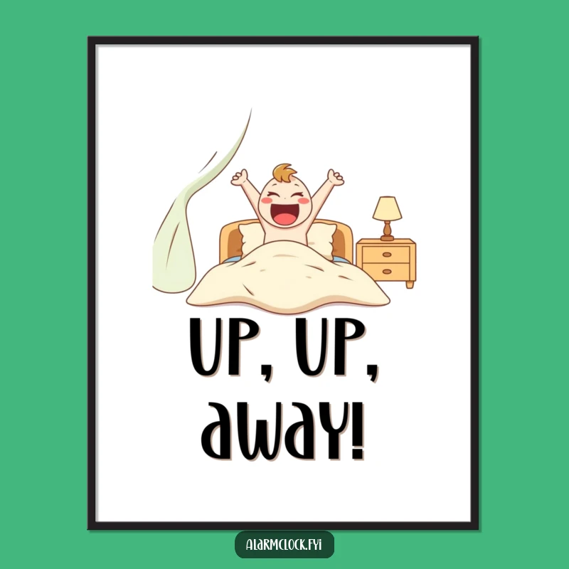 Funny Excited Character Jumping Out of Bed Print, Digital Art Humorous Gift for Motivated Decor