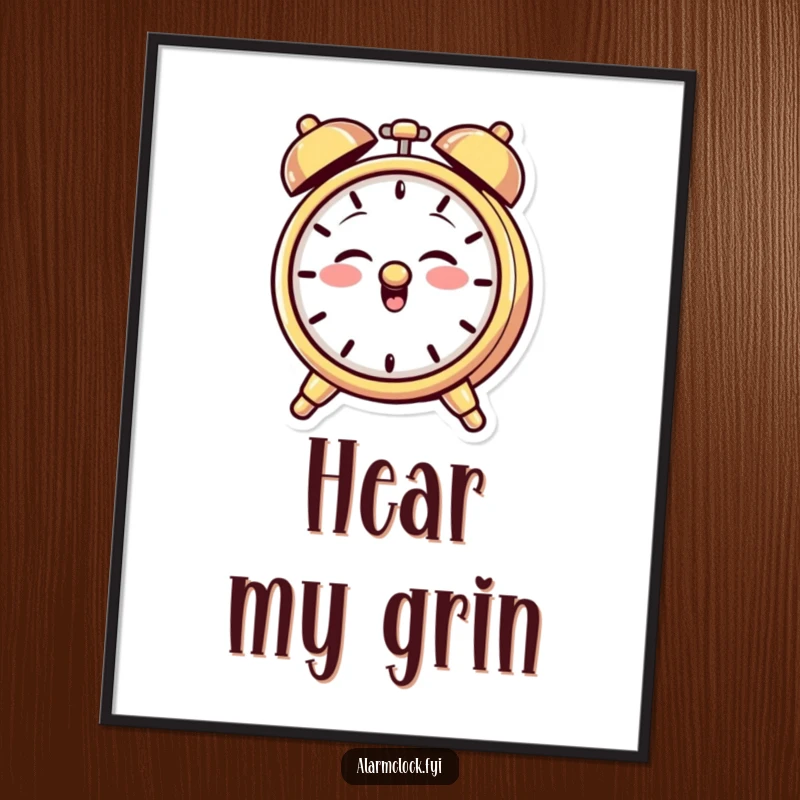 Funny digital art print of a giggling alarm clock character with a mischievous grin, playfully ringing its bell for maximum cheer.