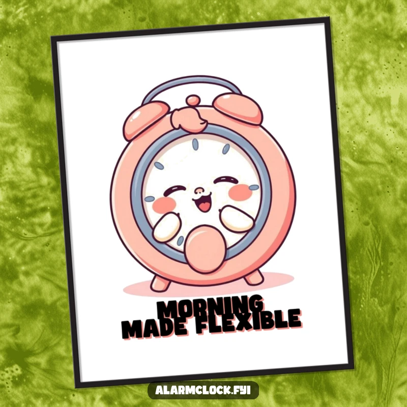 Funny digital art print of a giggling character playfully pressing a snooze button, perfect for humorous, sleepy decor.